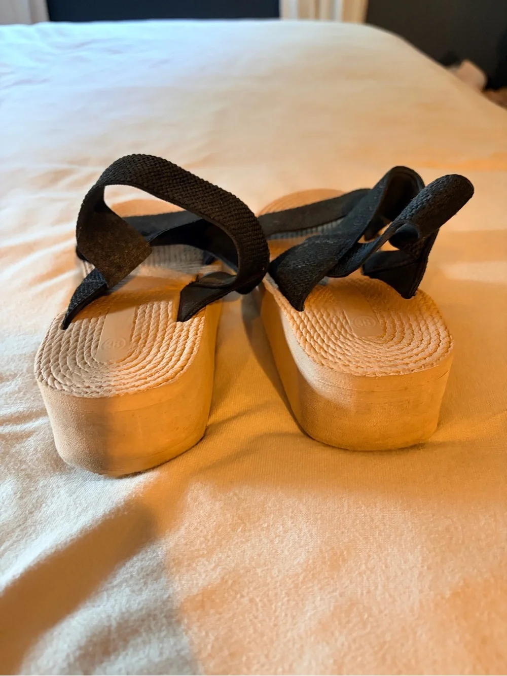Black Strappy Platform Sandals with Rope-Textured Footbed